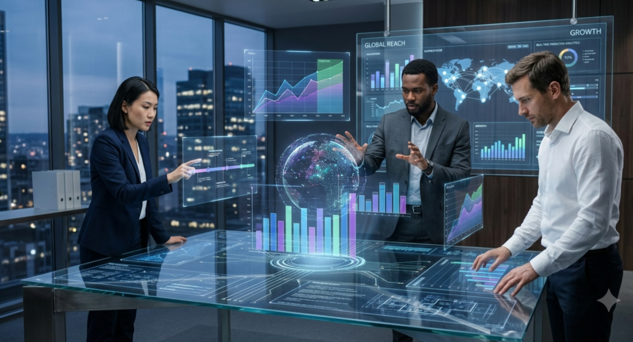 Business professionals analyzing digital business technology dashboards, global market data, and performance analytics in a modern corporate office.