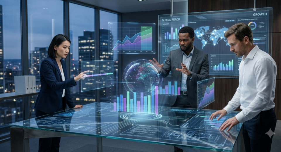 Business professionals analyzing digital business technology dashboards, global market data, and performance analytics in a modern corporate office.