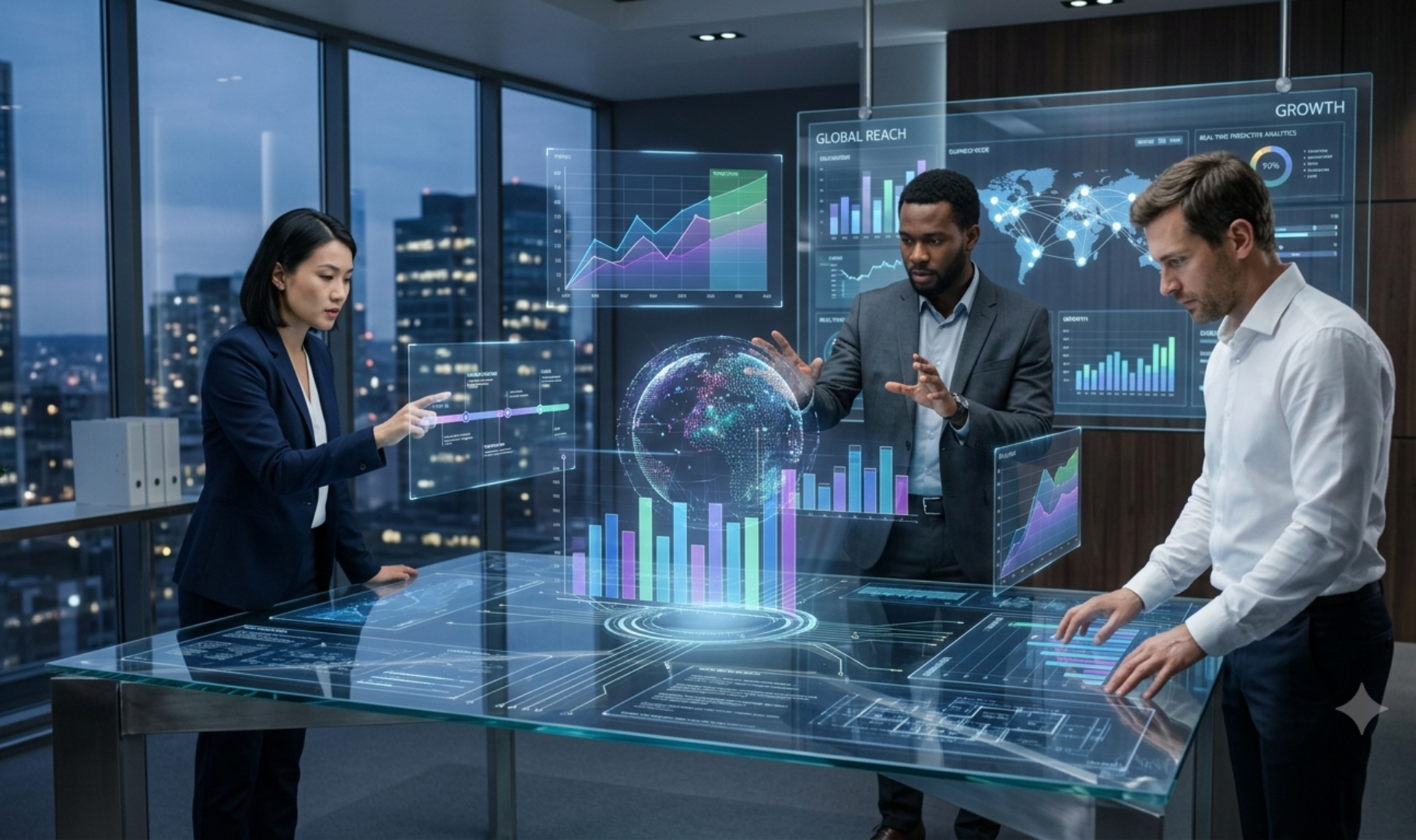 Business professionals analyzing digital business technology dashboards, global market data, and performance analytics in a modern corporate office.