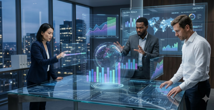 Business professionals analyzing digital business technology dashboards, global market data, and performance analytics in a modern corporate office.