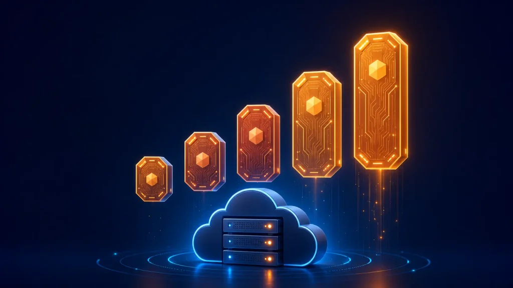 Rising bar chart of AI tokens above cloud server representing growing AI token cloud costs