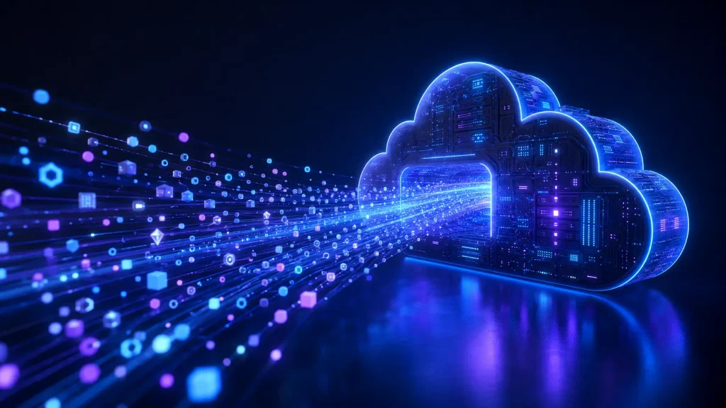 "Glowing AI token particles flowing into cloud server illustrating AI token cloud costs"