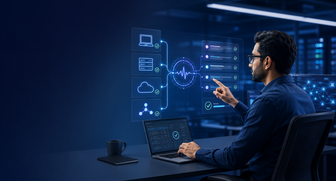 IT support technician using AI-powered troubleshooting tools to diagnose cloud, server, and network issues.