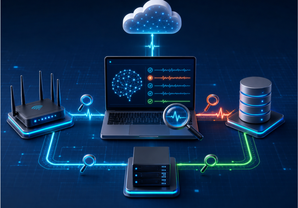AI system analyzing a laptop, cloud, router, database, and server to identify a technical fault.