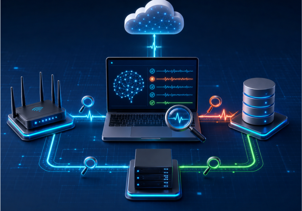 AI system analyzing a laptop, cloud, router, database, and server to identify a technical fault.